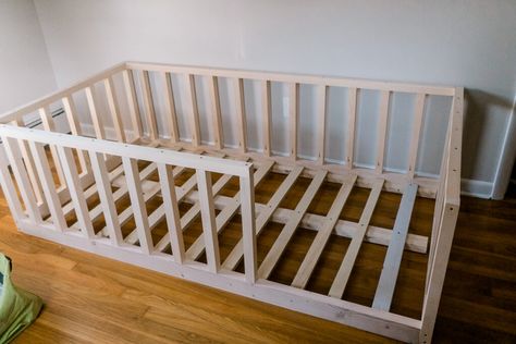 Twin Bed Rails, Diy Full Floor Bed, Build Floor Bed, Floor Bed Frame Toddler, Floating Toddler Bed, Cheap Floor Bed, Build A Montessori Bed, Floor Crib Diy, Toddler Floor Bed Twin Size