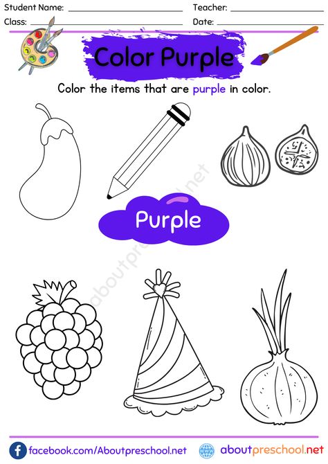 Color Purple Worksheet for Preschool Color Purple Worksheets For Preschool, Purple Color Activities Preschool, Color Purple Activities For Preschool, Color Purple Worksheet, Purple Activities For Preschool, Colors Worksheet, Colors Activity, Colors Preschool, Free Learning Websites