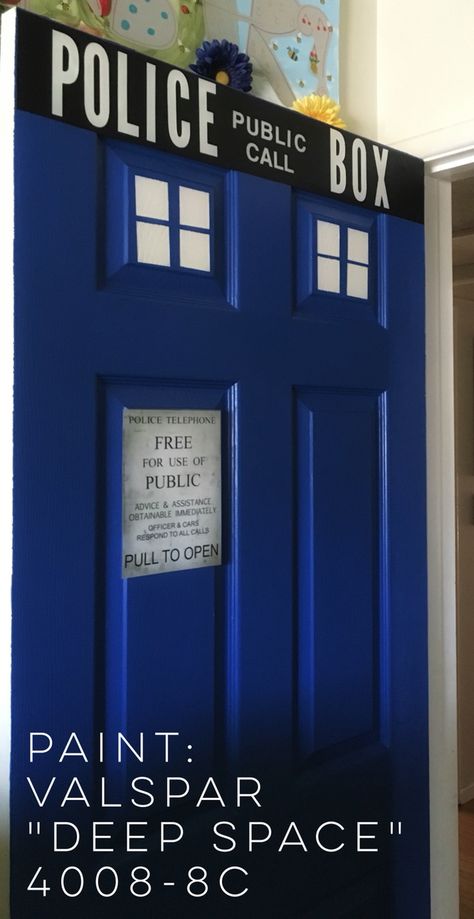 DIY Tardis Bedroom Door: Valspar "Deep Space" paint from Lowe's, black contact paper + white vinyl 4" and 1" letters (top), lower sign printed/laminated at Staples Tardis Blue Paint, Tardis Bedroom, Bar Shelves Ideas, Diy Tardis, Fireplace Bar, Black Contact Paper, Red Brick Fireplaces, Tardis Blue, Bar Shelves