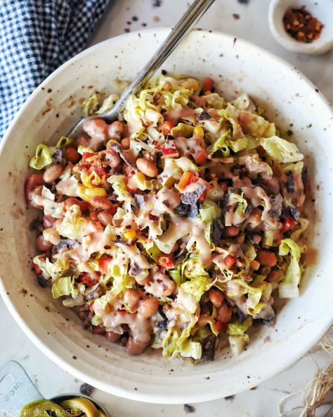 Creamy Salsa Dressing, Salsa Dressing, Mexican Bean Salad, Vegan Taco Salad, Vegan Ground Beef, Creamy Salsa, Vegan Cheddar Cheese, Vegan Taco, Vegan Salad Dressing