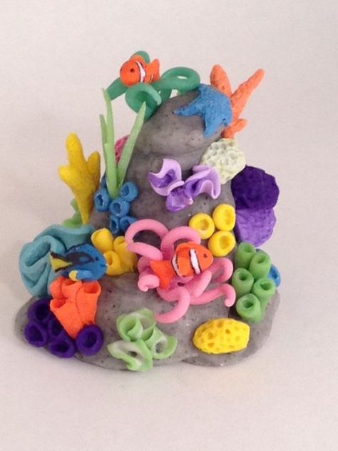 Clay Aquarium, Kawaii Miniatures, Coral Clay, Clay Ocean, Blue Tang, Clay Fish, Fish Crafts, Clownfish, Tanah Liat