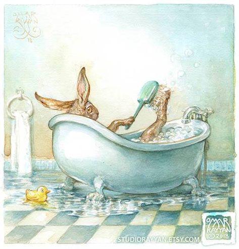 HARE IN THE BATHTUB BY OMAR RAYYAN Bathtub Illustration, Omar Rayyan, Watercolor Bathroom, Hare Rabbit, Rabbit Pictures, In The Bathtub, Bath Tubs, Bath Art, Rabbit Art