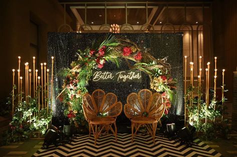 Splendid bride groom seating with shimmering backdrop and lightings all over. Sangeet Photobooth Ideas, Sangeet Photo Booth, Bride Groom Seating, Bride And Groom Seating, Sangeet Backdrop, Sangeet Bride, Bride Groom Seating For Sangeet, Photobooth For Sangeet Night, Mehandi Decor