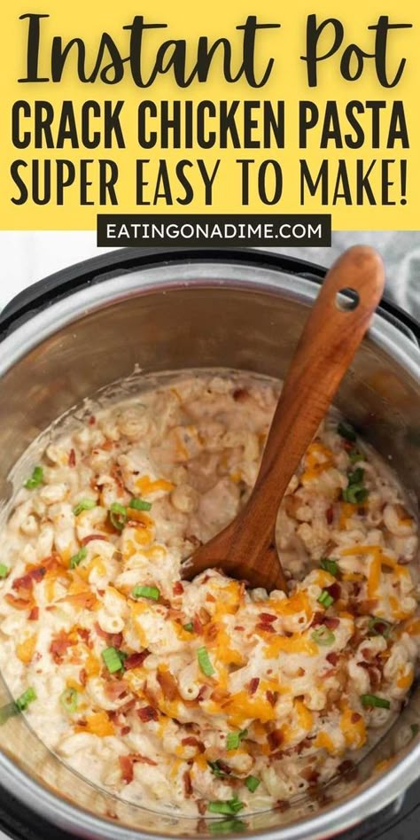 Creamy and delicious this Instant Pot Crack Chicken Pasta is flavorful. Bacon, cheese, chicken and pasta cooks fast in the instant pot. Easy and creamy Instant Pot Recipe that makes a perfect weeknight meal. #eatingonadime #crackchickenpasta #instantpot Instant Pot Cracked Chicken Pasta Recipes, Chicken Bacon Ranch Pasta Instapot, One Pot Instant Pot Meals Frozen Chicken, Instapot Cracked Chicken Pasta, Chicken Recipe Instant Pot Easy, Easy Chicken Dinner Pressure Cooker, Instapot Cracked Chicken Recipe, Instapot Easy Chicken Recipe, Frozen Chicken Pasta Instant Pot