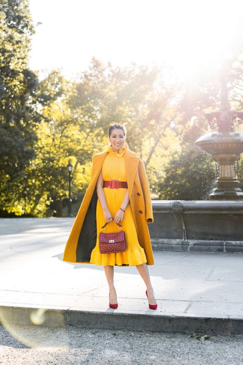 Suede Pumps Outfit, Red Scarf Outfit, Yellow Sweater Dress, Sweater Dress Boots, Wendy Nguyen, Pink Suede Pumps, Wendy's Lookbook, Monochromatic Fashion, Red Sweater Dress