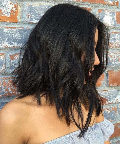 Black Choppy Lob                                                                                                                                                                                 More Lob Haircut, Penteado Cabelo Curto, Haircut For Thick Hair, Hair Envy, Long Bob, Hairstyles Haircuts, Hair Dos, Shoulder Length, Dark Hair