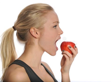 Person Eating Apple, Woman Eating Apple, Woman Eating, Apple Stock, Headshot Poses, Layout Design Inspiration, Girl Standing, Art Drawings Sketches Creative, Action Poses