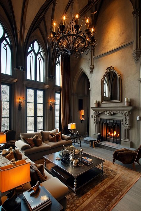 Gothic Modern Living Room, White Gothic Interior, Witchy Houses, Modern Gothic Home, Dark Library, Gothic Architecture Interior, Gothic Style Home, Gothic Living Room, Luxurious Living Rooms