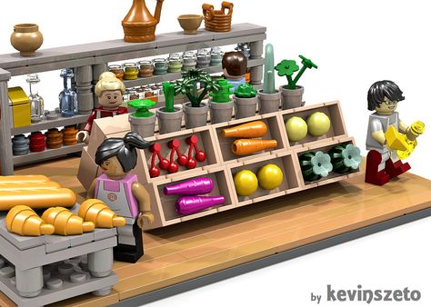 pantry2 | Click here to support this original LEGO creation … | Flickr Lego Supermarket, Kid Cooking, Purple Carrots, Lego Food, Mini Mart, Lego Furniture, Lego Shop, Cooking Competition, Lego Display