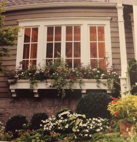 Flower Box Under Window, Flower Beds In Front Of House Under Window Planter Boxes, Under Window Flower Bed, House With Window Boxes, Second Floor Window Boxes, Flower Boxes Window Brick House, Front Picture Window, Second Story Window Flower Boxes, Flower Boxes Window