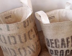 maya*made: burlap bucket Coffee Bag Crafts, Burlap Diy, Coffee Bean Sacks, Burlap Coffee Bags, Coffee Bean Bags, Coffee Sacks, Burlap Projects, Burlap Wreaths, Burlap Sacks