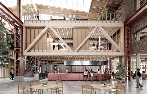 Warehouse Office Design, Industrial Office Design, Renovation Architecture, Building Renovation, Wood Building, Roof Architecture, Creative Hub, Concrete Building, Adaptive Reuse