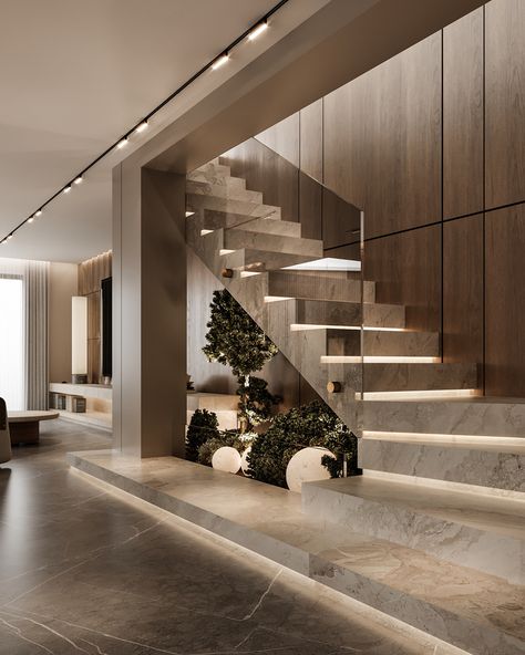 https://www.behance.net/gallery/182950267/LIVING-ROOM?tracking_source=search_projects|modern+guest+room House Stairs Modern, Stair Step Design, Marble Flooring Design Modern, Fancy Houses Interior, Living Room Fancy, Home Desserts, Luxury Villa Interior, Creative Stairs, Staircase In Living Room