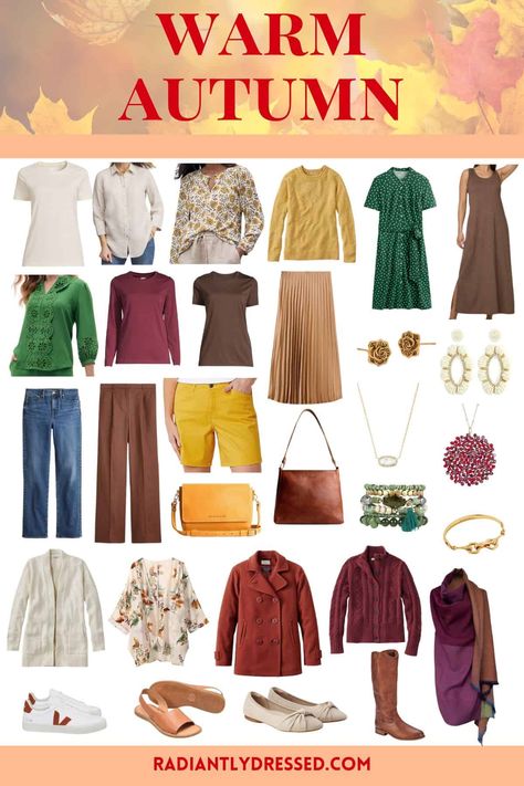 This is the comprehensive guide to Warm Autumn in the 12 season system of color analysis. Inside you'll find the color palette, best and worst colors, how to choose colors year round, wardrobe essentials, and more to build your perfect warm autumn wardrobe and utilize your colors to the fullest. Warm Autumn Wardrobe, Color Palette Capsule Wardrobe, Warm Autumn Color Palette, Autumn Wardrobe Essentials, Radiantly Dressed, Radiant Woman, Warm Fall Outfits, Autumn Color Palette, True Autumn