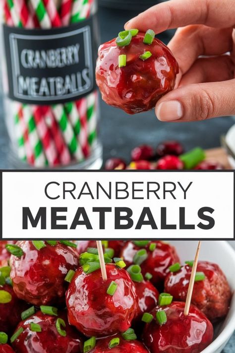 Cranberry meatballs topped with green onions, displayed in a bowl, with a hand picking one up. Grape Chili Meatballs, Raspberry Glaze For Meatballs, Slow Cooker Cranberry Meatballs, Cranberry Glazed Meatballs, Crockpot Cranberry Meatballs, Cranberry Meatballs Recipe, Cranberry Meatballs Crockpot, Cranberry Bbq Meatballs, Classic Meatballs