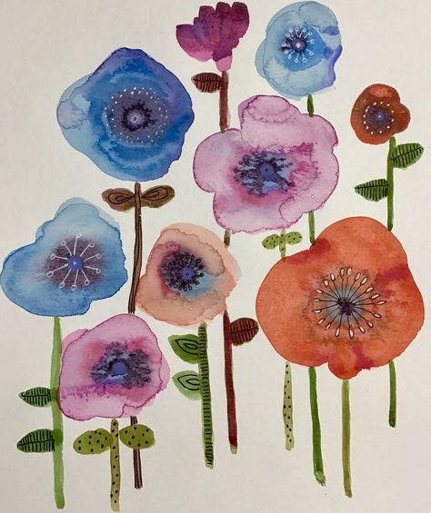 Funky Art Watercolour, Funky Watercolor, Ephemera Diy, Funky Florals, Art Watercolour, Alcohol Inks, Pen Art, Hand Work, Funky Art