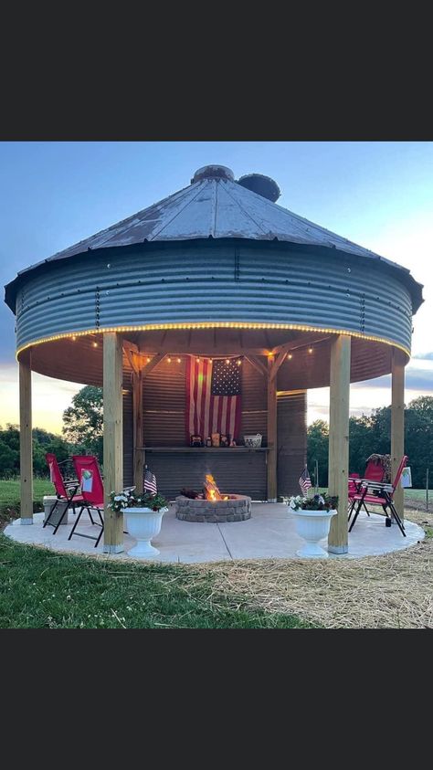 Grain Bins Gazebo, Grain Bin Gazebo Fire Pits, Silo Fire Pit, Silo Fire Pit Ideas, Barndominium With Silo, Grain Bin Pool, Silo Outdoor Kitchen, Grain Bin Fire Pit, Grain Bin Fire Pit Outdoor Fireplaces