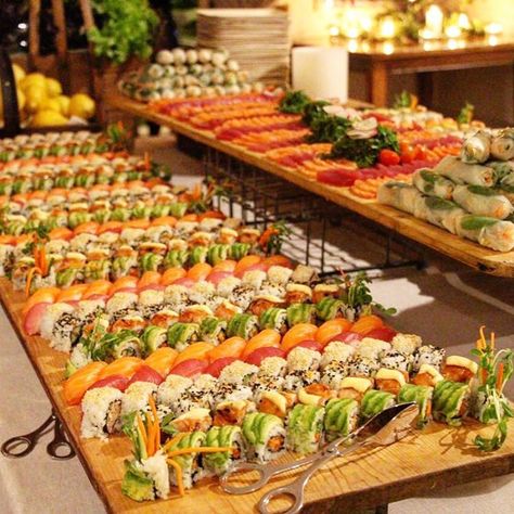 749 Likes, 52 Comments - Lyndi Cohen (@nude_nutritionist) on Instagram: “There was sushi for days at my engagement party last week!!!  the menu was seasonal and fresh! We…” Sushi Catering, Sushi Buffet, Sushi Love, Sushi Platter, Sushi Party, Party Food Platters, Wedding Buffet, Food Displays, Sushi Bar