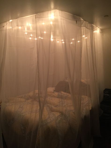 My recreation of a homemade canopy with lights Beds With Lights, Homemade Canopy, Bed With Lights, Bed Canopy With Lights, Romantic Bedroom Lighting, Beautiful Bed Designs, Canopy Beds, Canopy Bedroom, Feminine Bedroom