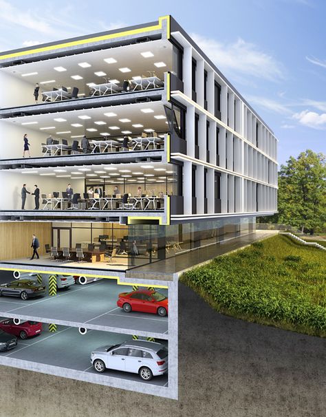 Parking Plan, Commercial Building Plans, Parking Building, Commercial Design Exterior, Commercial And Office Architecture, Facade Architecture Design, Residential Building Design, Office Building Architecture, Building Elevation