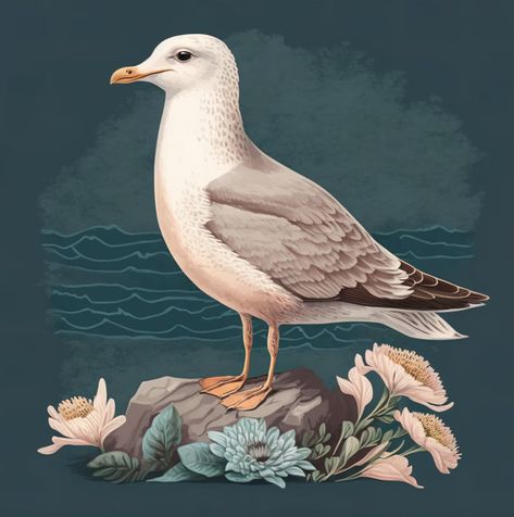 A beautifully detailed illustration of a curious seagull perched on a rock surrounded by flowers and the sea. The background is a dark turquoise blue. Watercolour Seagull, Bramley Hedge, Rabbit Winnie The Pooh, Seagull Illustration, Jill Barklem, Art Cottagecore, Printable Stationary, Modern Nautical, Aesthetic Garden