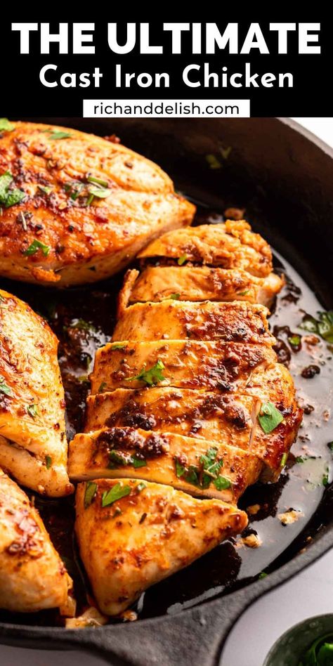 This cast iron skillet chicken is super easy to make, perfectly seasoned golden brown chicken that is tender and juicy and goes perfectly with any side dish! Chicken In Iron Skillet, Baked Cast Iron Recipes, Cast Iron Grilled Chicken, Bbq Chicken In Cast Iron Skillet, How To Cook Chicken In Cast Iron Skillet, Iron Cast Skillet Recipes, Cast Iron Chicken Tenders, Cast Iron Skillet Recipes Dinner Chicken, Chicken Breast Recipes Cast Iron Skillet