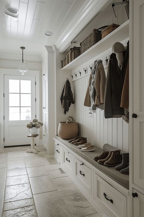 Modern Victorian Mudroom, Farmhouse Mudroom Flooring, Vestibules Entryway, Mudroom Back Door, Mudroom Farmhouse Ideas, Earthy Mudroom, Greige Mudroom, Cottage Core Mudroom, Long Mudroom Ideas