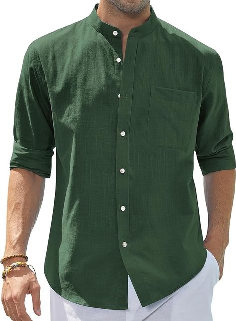 Amazon.com: J.VER Mens Linen Shirt Casual Long Sleeve Mandarin Collar Shirt Loose Fit Beach Tees with Pocket Army Green Large : Clothing, Shoes & Jewelry Mens Linen Shirts Casual, Beach Tees, Banded Collar Shirts, Mandarin Collar Shirt, Guayabera Shirt, Striped Linen Shirt, Plaid Shirt Men, Formal Pants, Linen Shirt Men