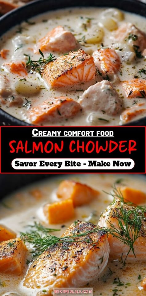 Warm up with a cozy bowl of salmon chowder, packed with rich flavors and creamy goodness! This easy recipe combines tender salmon, fresh vegetables, and hearty potatoes in a luscious broth. Perfect for chilly evenings or a comforting weekend meal, it’s a delightful twist on traditional chowder. Dive into this delicious dish and enjoy the heartwarming taste of the sea. Discover how to make it and savor every spoonful! Alaskan Salmon Chowder, Salmon Bisque Recipe, Salmon Soup Recipes, Salmon Chowder Recipe Easy, Chowders Recipes, Salmon Chowder Recipe, Soup Sunday, Slow Cooker Salmon, Salmon Soup