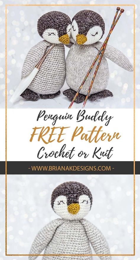 Free Crochet or Knit Penguin Buddy Pattern by Briana K Designs. You don't have to be little to enjoy this penguin stuffy! He is cute for holiday decor or to just have around. And of course I think he makes a great gift for all ages. Crochet Lovies, Penguin Crochet, Crochet Penguin, Penguin Pattern, Crochet Holiday, Knit Toys, Knitting Patterns Toys, Cozy Crochet, Knitted Animals