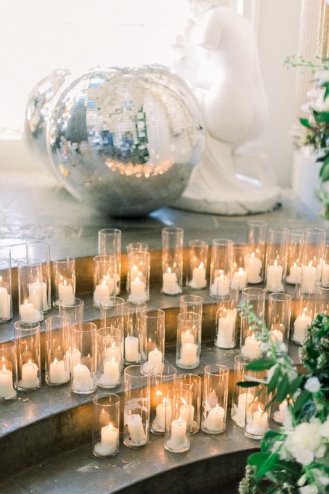 25 Cool Ways to Use Disco Balls in Your Wedding - hitched.co.uk Candle Installation, Ball Installation, Eco Friendly Wedding Favors, Lilac Wedding Bouquet, Aynhoe Park, Bubblegum Balloons, Wedding Canvas, Black Theme, Flowers Ideas