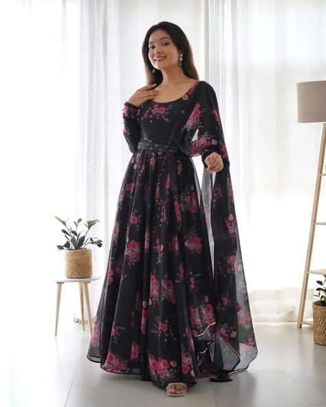 Anarkali Dress With Dupatta, Anarkali Gown With Dupatta, Organza Anarkali, Dress With Dupatta, Floral Anarkali, Patiyala Dress, Silk Anarkali, Printed Organza, Gown With Dupatta