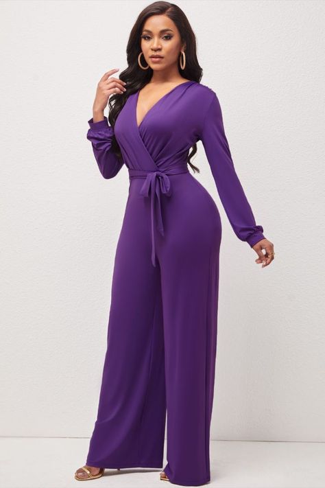 Purple Tie Front Long Sleeve V Neck Jumpsuit, #bestoutfits #partysuit Purple Jumpsuit Formal, Purple Jumper Outfit, Purple Jumpsuit Outfit, Purple Outfits Black Women, Jumper Outfit Women, Violet Jumpsuit, Dark Purple Prom Dresses, Purple Dress Outfits, Purple Barbie