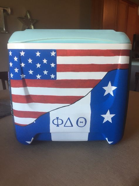 Painter cooler front, america, phi delta theta, phi delt, fraternity, flag Fraternity Cooler, Theta Xi Cooler, Cooler Ideas Fraternity, Nola Frat Cooler, Delta Chi Frat Cooler, Cooler Designs Fraternity, Frat Coolers Beach, Phi Delt Cooler, Phi Delta Theta Cooler