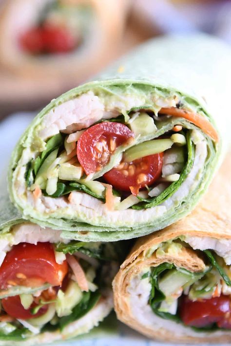 Turkey Avocado Veggie Wraps Turkey Avocado Wrap, Turkey Avocado, Avocado Wrap, Cherry Tomato Salad, Turkey Wraps, Avocado Spread, Cilantro Dressing, Avocado Tomato Salad, Cilantro Lime Dressing