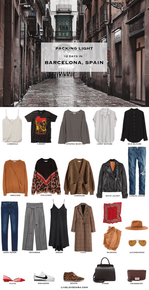 Packing Light: 12 days in Barcelona, Spain in Spring. What to pack. Spring Capsule Wardrobe 2019 Spring Spain Travel Outfits, Barcelona Night Out Outfit, What To Pack For Barcelona, Spain Outfit Ideas, Bowie T Shirt, Spain Travel Outfits, Barcelona Outfits, Euro Travel, Barcelona Trip