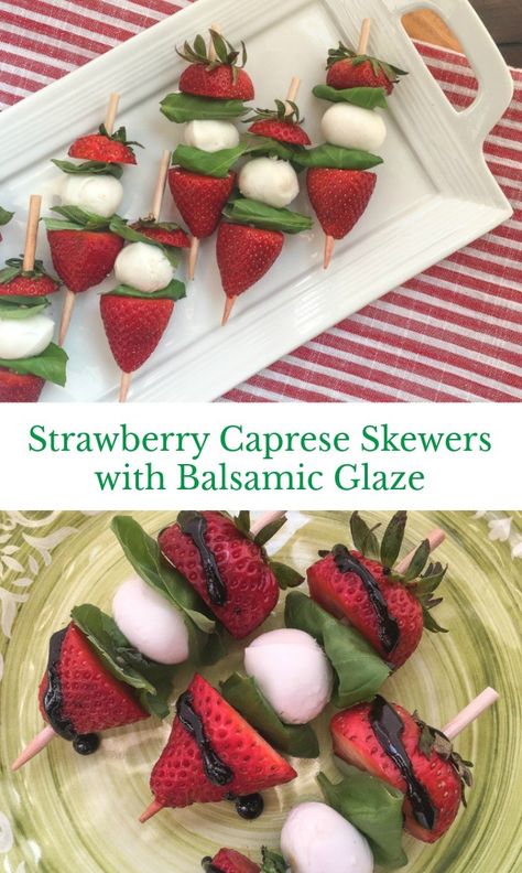 Strawberry Caprese Skewers with Balsamic Glaze // #summer #recipe #party #appetizer #bbq #food Dinner Party Appetizer, Strawberry Caprese, Salad For Breakfast, Cooking With Children, Dinner Party Appetizers, Recipes Step By Step, Healthy Clean Eating Recipes, Food On A Stick, Simple Salads