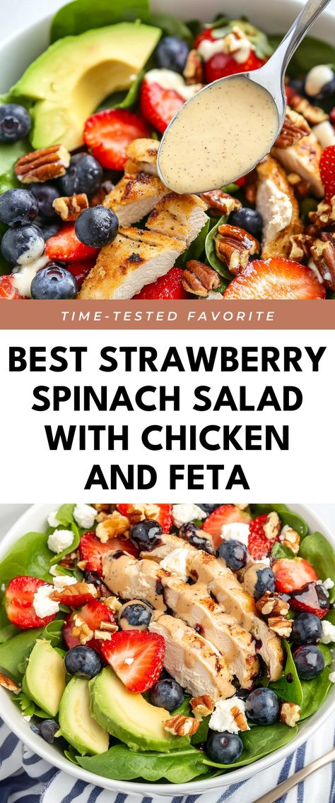 Image for Best Strawberry Spinach Salad with Chicken and Feta Strawberry Grilled Chicken Salad, Spinach And Feta Salad, Spinach Salad Ideas, Salad With Strawberries And Feta, Spinach Salad With Feta, Chicken And Feta, Strawberry Feta Spinach Salad, Protein Lunch Ideas, Salad With Strawberries