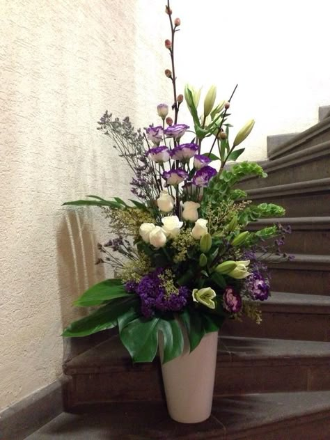 Flower Arrangement Artificial, Large Purple Floral Arrangements, Flower Arrangements In Tall Vases, How To Make A Large Floral Arrangement, Spring Flower Arrangements For Church, Lilly Flower Arrangements, Tall Vase Flower Arrangements, Purple Floral Arrangements, Large Flower Vase