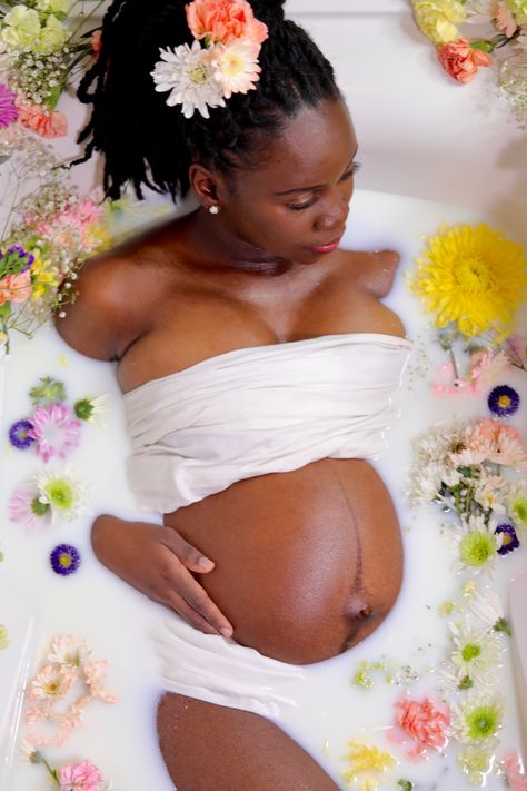 Black woman maternity milk bath Milk Bath Photos, Milk Bath Maternity, Milk Bath Photography, Bath Photography, Foot Bath, Milk Bath, Maternity Shoot, Black Milk, Pregnancy Shoot