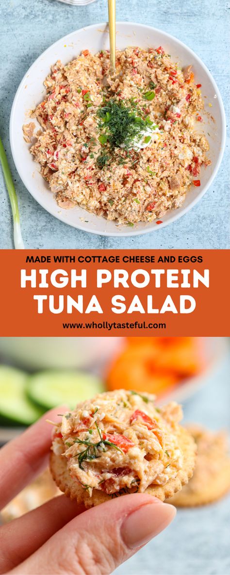 Make this awesome High Protein Tuna Salad using cottage cheese, eggs and veggies. It's great in sandwiches, on crackers or with fresh veggie sticks. Perfect as high protein lunch or snack but also for parties and pot lucks. Tuna Lunches Healthy, Hi Protein Lunch, High Protein Chicken Salad Recipe, High Protein Tuna Recipes, Cold High Protein Lunches, Protein Cottage Cheese Bowls, High Protein Pescatarian Recipes, Low Cal High Protein Lunch, Healthy Lunch High Protein