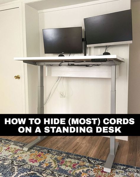 How to hide cords on a standing desk with an under-the-desk box that moves with the desk. Study Makeover, Standing Desk Design, Cord Box, Hidden Desk, Hide Cords, Standing Desk Office, Office Playroom, Desk Makeover, Office Inspo