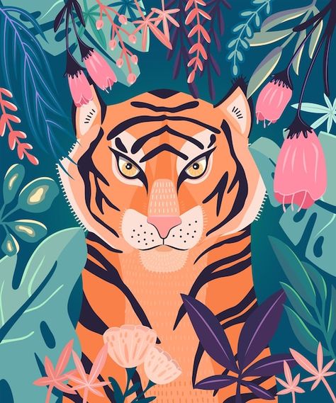 Plants Vector, Tiger Vector, Colorful Plants, A Tiger, Art For Kids, Rooster, Vector Free, Vector Illustration, Royalty