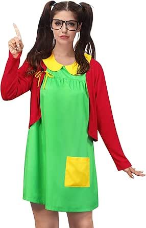 Clarisbelle Women's Halloween 2 Pieces Costume Peter Pan Collar Green Dress with Red Cardigan Halloweentown Costume, Costumes With Glasses, Halloween Costumes Glasses, Mexican Halloween Costume, 70s Disco Costume, Costume Green, Disco Costume, Couples Halloween Outfits, Pink Costume