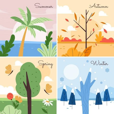 4 Season Drawing Ideas, Four Seasons Illustration Design, The 4 Seasons Art, Different Seasons Drawing, 4 Season Illustration, Seasons Drawing Ideas, 4 Seasons Illustration, 4 Seasons Drawing, Four Seasons Drawing