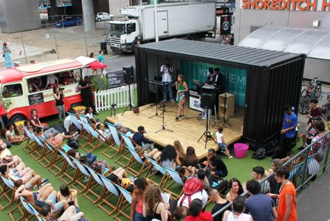 Pop-up stage at Busk the Box, Boxpark London. Hydraulically operated, the front deck opens at a press of a button. It's totally secure and pretty damn cool! Boxpark London, Box Park, Shipping Container Conversions, Festival Planning, Shipping Container Design, Container Restaurant, Container Cafe, Sea Containers, Outdoor Restaurant Design