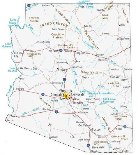 Arizona Map - Cities and Roads - GIS Geography Map Of Arizona, Navajo National Monument, San Tan Valley Arizona, Arizona Map, State Map Art, Arizona City, Bullhead City, Lakes In California, Arizona Vacation