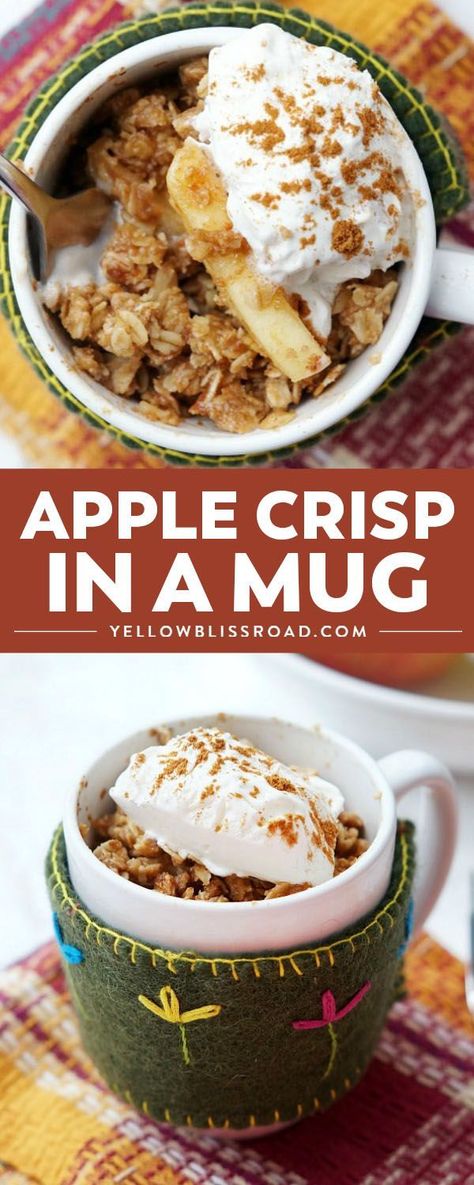 Easy Microwave Apple Crisp in a Mug is the perfect fall dessert. It's the perfect single-servings fall dessert with cinnamon apples & oatmeal crisp topping! #YellowBlissRoad #apples #applecrisp #dessert #fall #singleserving #mugcake via @yellowblissroad Oatmeal Crisp Topping, Apple Crisp In A Mug, Microwave Apple Crisp, Dessert With Cinnamon, Microwave Apple, Desserts Nutella, Microwave Apples, Microwave Mug Recipes, Dessert In A Mug