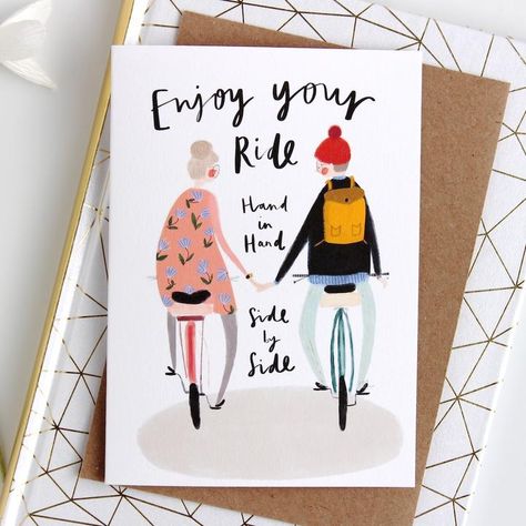 Greeting Cards Wedding, Wedding Couple Illustration, Love Cards For Him, Wedding Illustrations, Card Engagement, Cards Packaging, Bicycle Ride, Wedding Greetings, Illustrated Gift