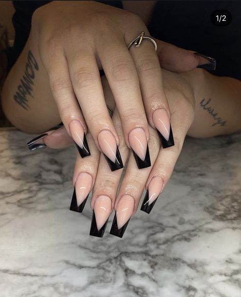 Black Vtip French Nails, Black French Tip Triangle, Decorated French Tip Nails, Black French Tip Nails Medium Length, Black V Shape French Tip Nails, Black V Tip Acrylic Nails, Black Triangle French Tip Nails, V French Tip Acrylic Nails, Black V French Tip Nails